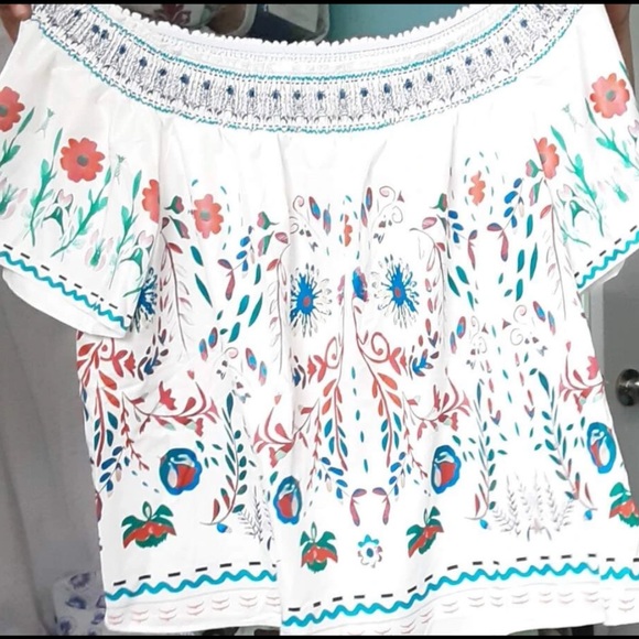 Boho Floral Print Off Shoulder Top Blouse Shirt White - Picture 8 of 8